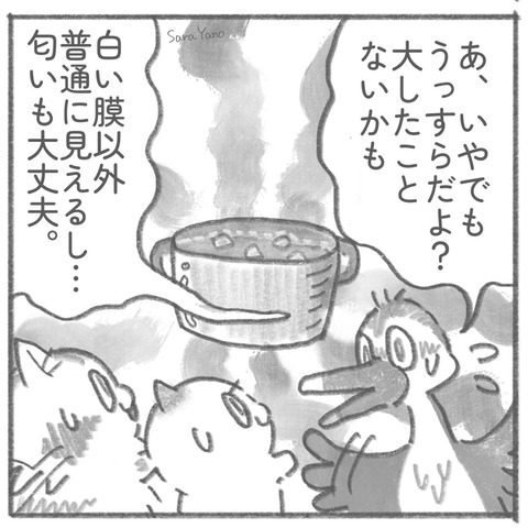 「あ、いやでも うっすらだよ? 大したこと ないかも。白い膜以外は 普通に見えるし… 匂いも大丈夫。」