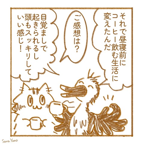 それで昼寝前に コーヒー飲む生活に 変えたんだ/ご感想は?/目覚ましで 起きられるし 頭もスッキリして いい感じ!