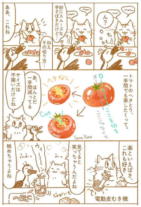 妙にスムーズな 手さばきだけど…その切り方…/トマトのヘタとり、一手間でも楽したくって。/ヘタを避けて半分に切る図/あ、ほんとだ 一手間減ってる/サイズは不揃いだけどね/楽といえばさ、これも好き/電動皮むき機/見てると笑っちゃうんだよね。眺めちゃうよね