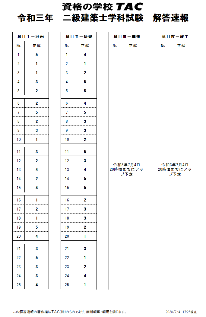 2021年 二級建築士 解答速報 : TAC建築士講師室ブログ