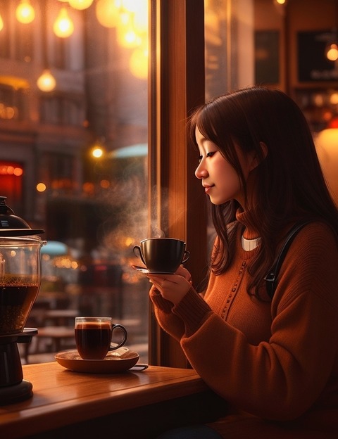 DreamShaper_v6_woman_drinking_drip_coffee_in_a_cafe_fantasy_co_1