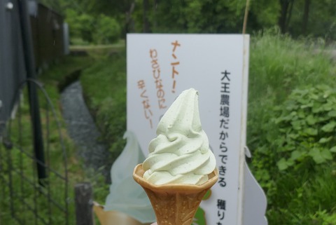 たまに行くならこんな店　名水百選の地「安曇野わさび田湧水群」の水源の１つ「大王わさび農場」の「大王わさび農場 テイクアウトコーナー 」で「本わさびソフトクリーム」を食す！