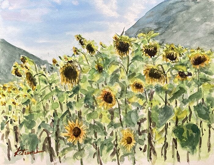 ひまわり畑】アクリル画 F3 風景画 絵画 How to draw [sunflower