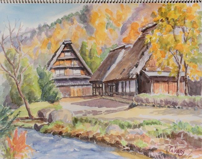 124.「白川郷の家並」髙橋一善 油絵 合掌造り : takaの新風景画2
