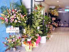 二階 入り口前お祝いのお花