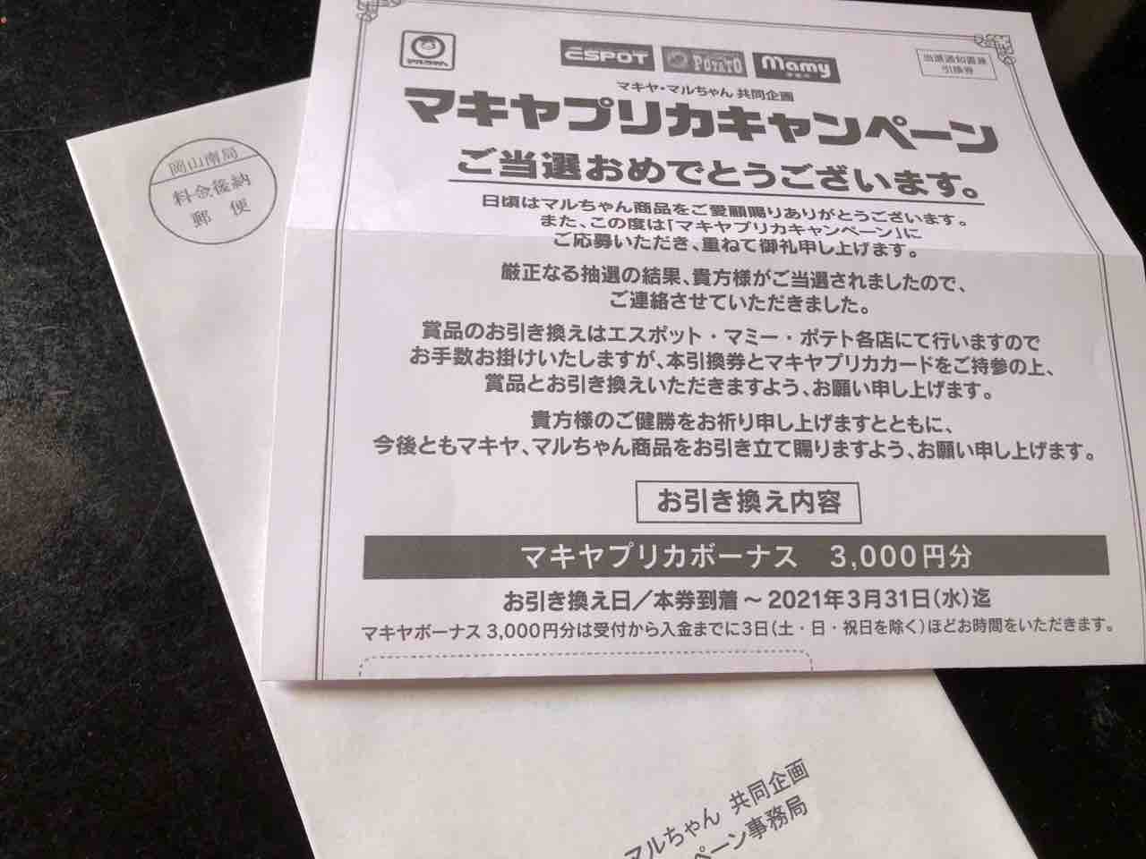 ２０２１年１月の当選品 マキヤプリカ３０００円 竹内のりこ懸賞ブログ