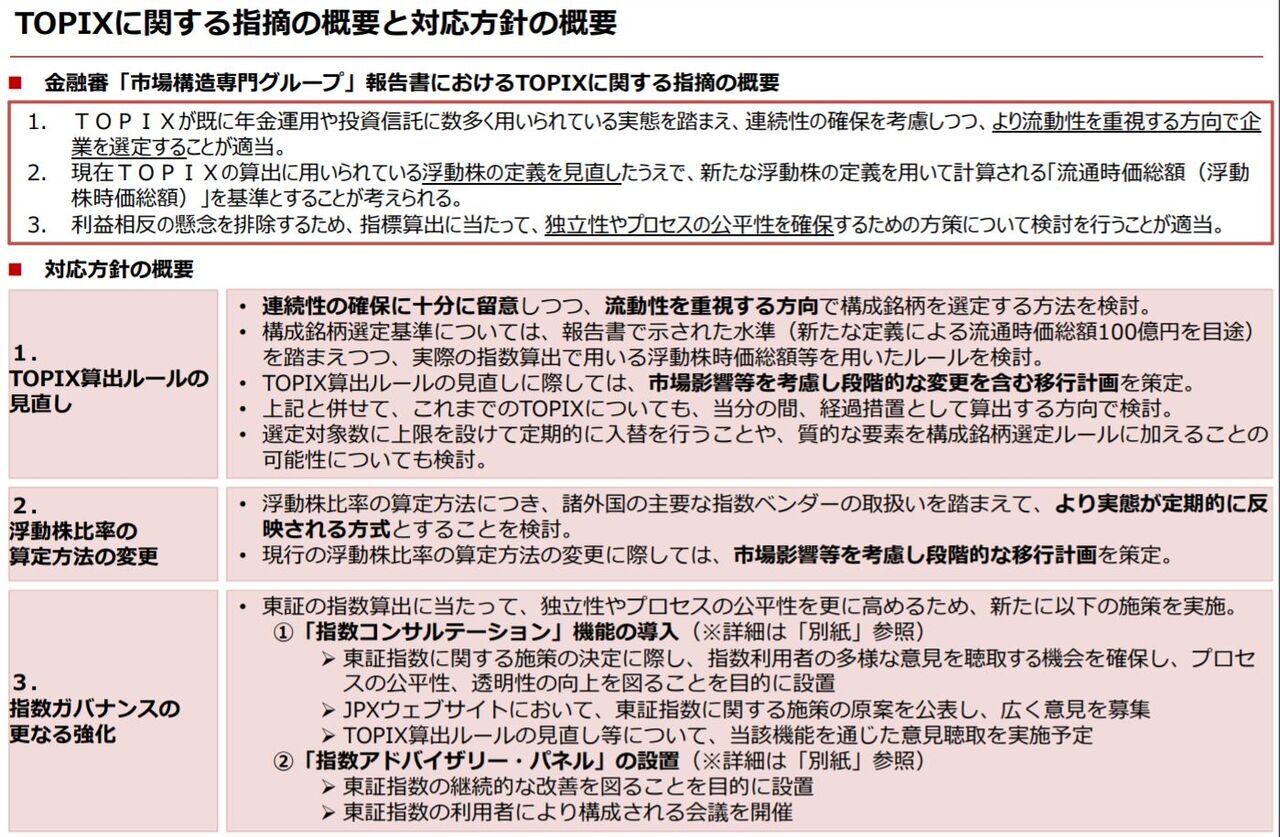 東証「TOPIX（東証株価指数）等の見直しに関する今後の対応方針」を公表 : □ＣＦＯのための最新情報□