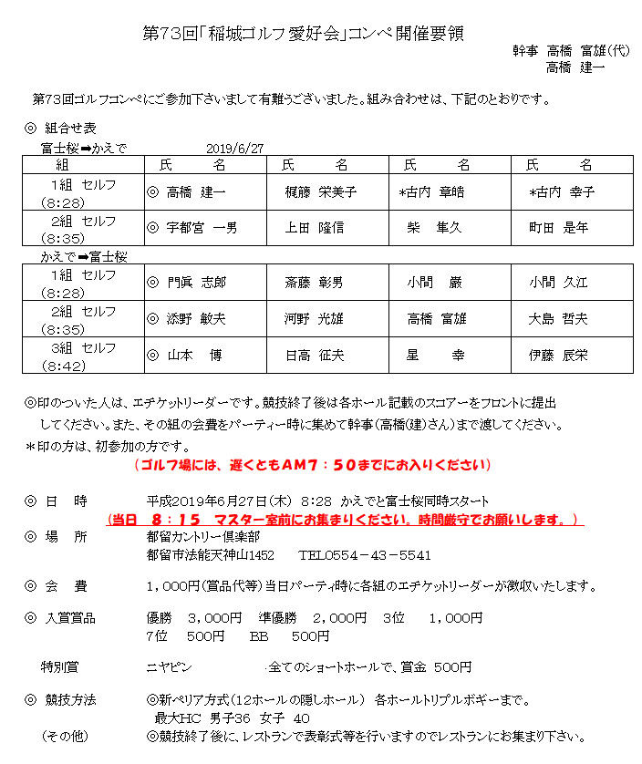 73回コンペ組み合わせと連絡事項 稲城ゴルフ愛好会のblog