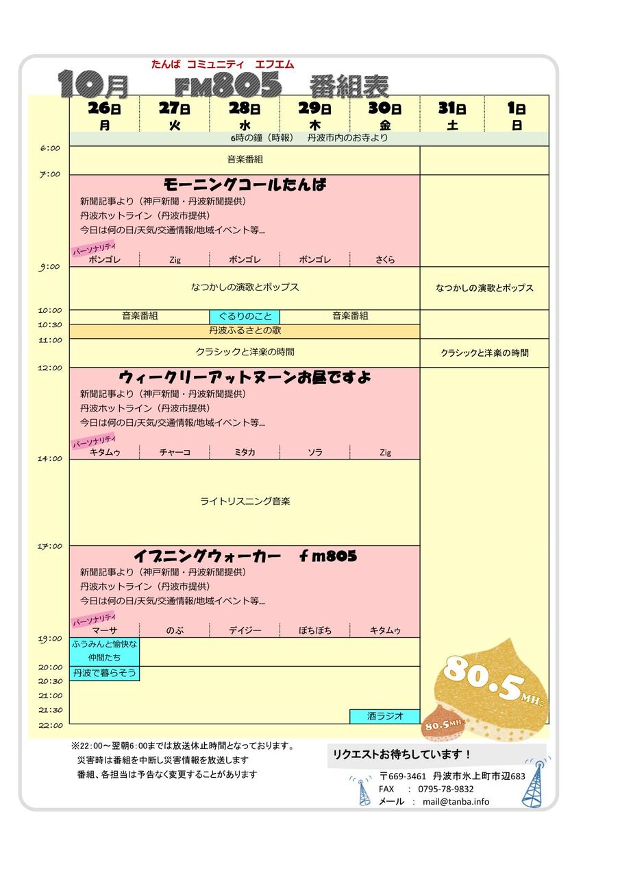 2015年10月 週間番組表 たんばコミュニティFM 技術部ブログ・アマチュア無線クラブ（JL3ZMP）