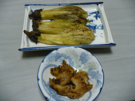 焼ナスとつぶ貝煮付け