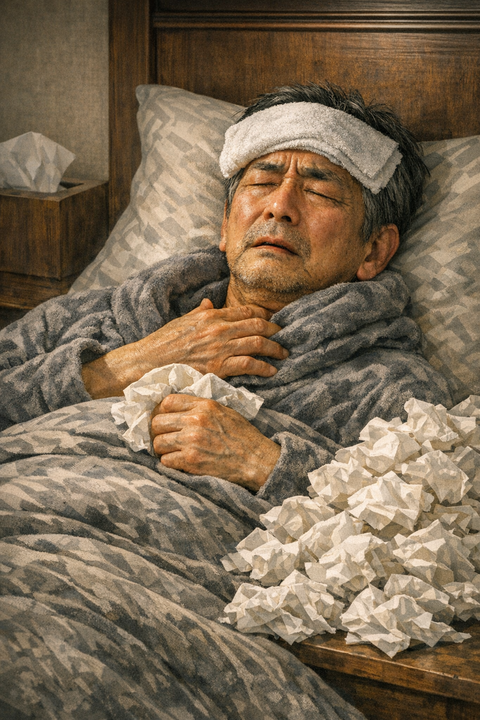 風邪で寝込む60代日本人男性、薬なし、鼻