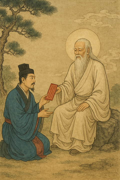 張良が仙人から書を授かる場面。古代中国の