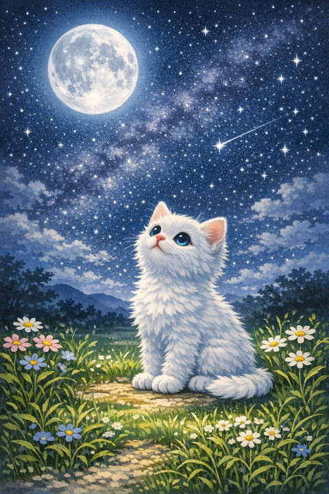 月明かりの白い子猫