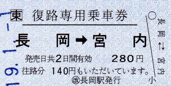 長岡駅 常備券 2 （復路専用乗車券） : 叩け！マルス