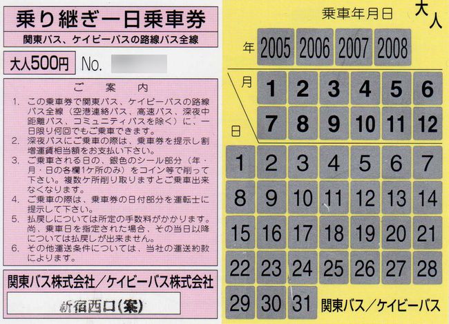 関東バス 1 乗り継ぎ一日乗車券 叩け マルス