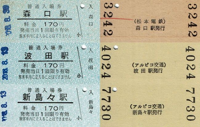 アルピコ交通（松本電鉄） 20 （硬券入場券 2 （平成30（2018）年当時