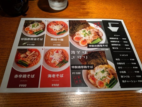 鶏そばきらり 麺類メニュー