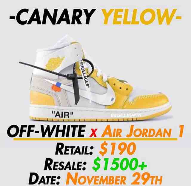 11月29日発売噂】off-white × NIKE AIR JORDAN 1 CANARY YELLOW 価格 $190 : Tenbaichance ☆彡