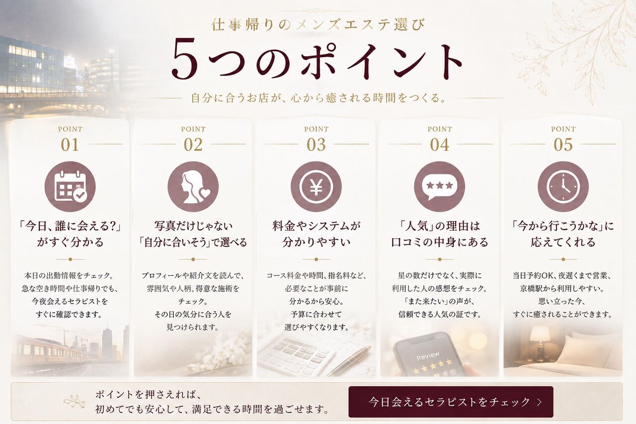 仕事帰りに京橋でメンズエステを選ぶ5つのポイント