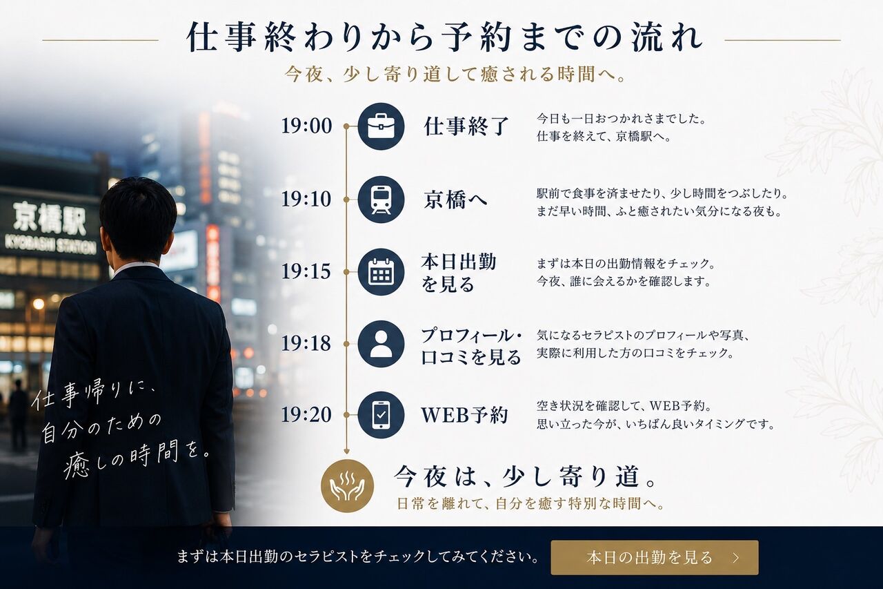 仕事終わりから京橋のメンズエステを予約するまでの流れ