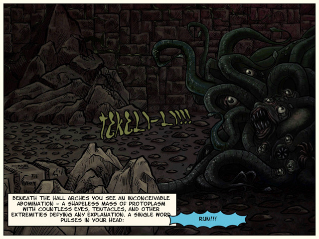 ショゴスが平然と寝てる洞窟を探索するコミック風 クトゥルフ アドベンチャー Lovecraft Quest レビュー 緑色の顔したラヴクラフト先生が手招きしている