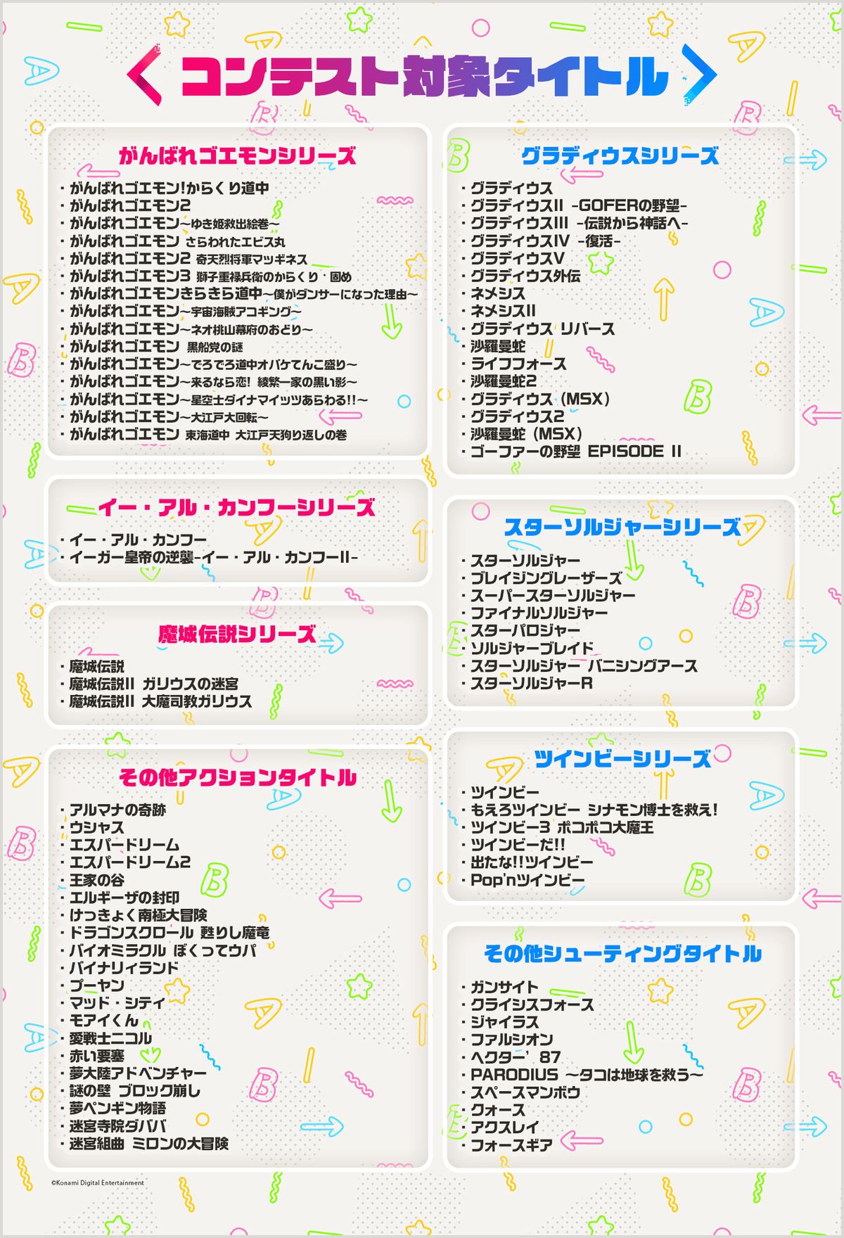 Konamiのipでゲームが作れるコンテスト Konami アクション シューティング Game Contest 開始 グラディウス がんばれゴエモン スターソルジャー までリメイク 合体なんでもok Konamiのipでゲームが作れるコンテスト Konami アクション シューティング Game Contest 開始 グラディウス がんばれゴエモン スターソルジャー までリメイク 合体なんでもok