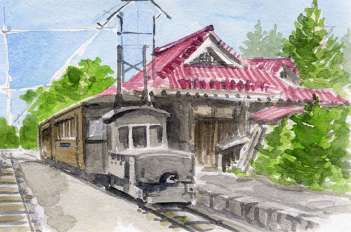 最安 水彩画 ジクレー版画「稲穂と電車」（小郡市） （市電・路面電車 絵画