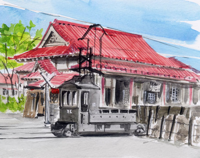 水彩画　ジクレー版画「稲穂と電車」（小郡市） c8af0071fd08a17822ccd004108159