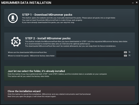 MDrummer Data Installationダイアログ