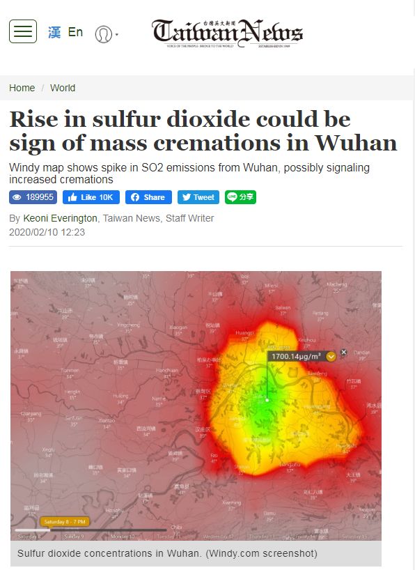 遺体を燃やすと出る亜硫酸ガス 武漢上空で大量検出…およそ1万4000体分