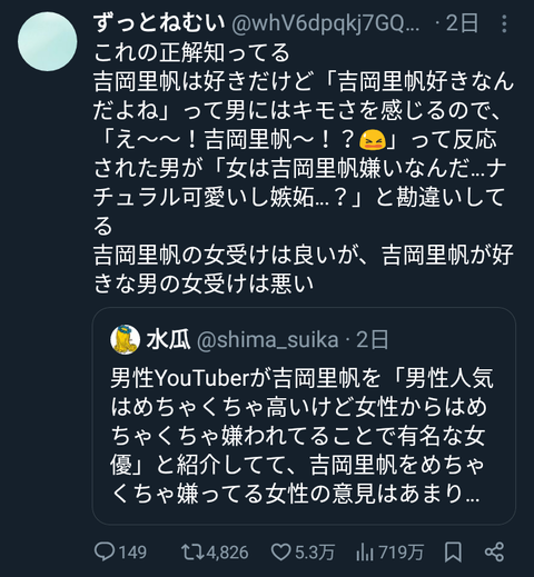 【悲報】女さん「吉岡里帆が嫌いなんじゎなくて吉岡里帆が好きな男がキモくて嫌いなだけ」←5万いいね!