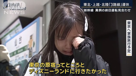 【大悲報】女の子、新幹線が止まったせいで原宿ってところとディズニーランドに行けなくなり号泣…