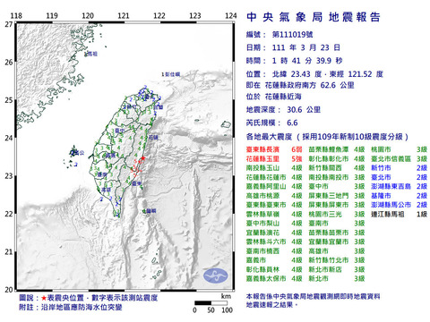 台湾東岸でM6.6最大震度6弱の地震
