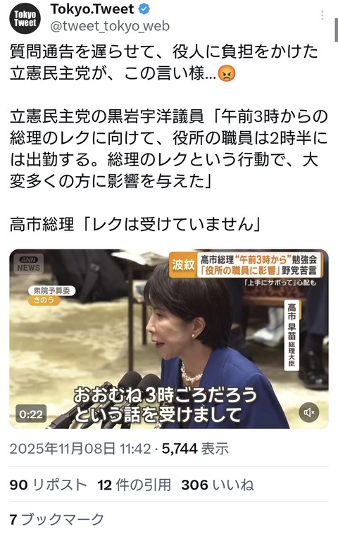 質問通告を遅らせて、役人に負担をかけた立憲民主党の黒岩宇洋議員の言い様がこちら
