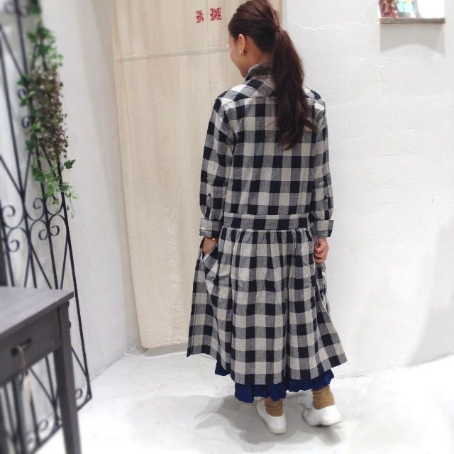 sa-rah 千鳥格子 丸襟リネンワンピース - ロングワンピース