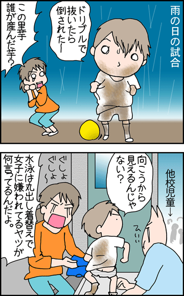 ちくわの穴から星☆を見た ＊4コマ-雨のサッカー試合１
