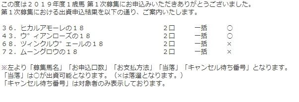 キャロットクラブ 19年募集 1次抽選結果 一口馬主日記