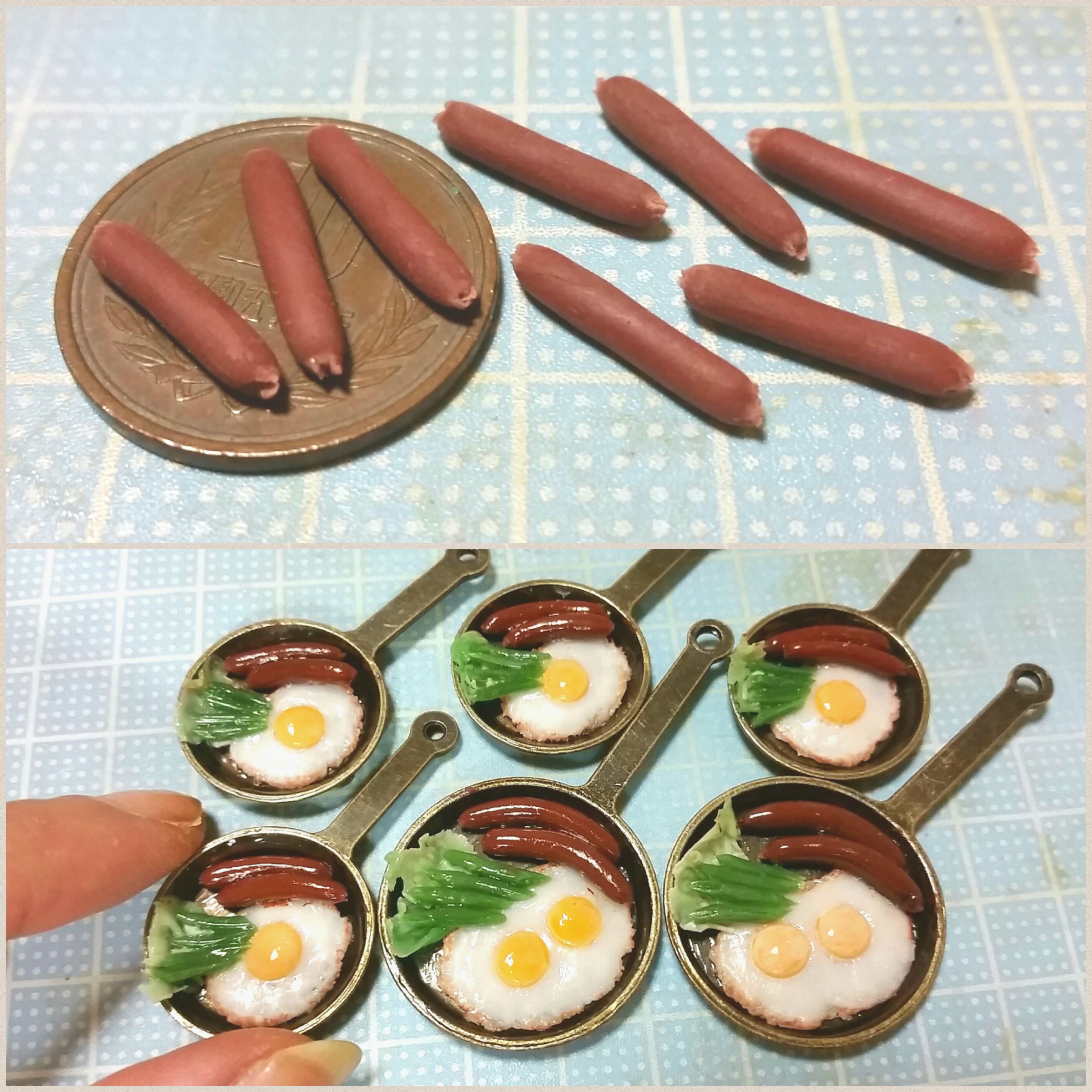 ミニチュア,目玉焼きとソーセージ,おいしいおすすめ,樹脂粘土アート