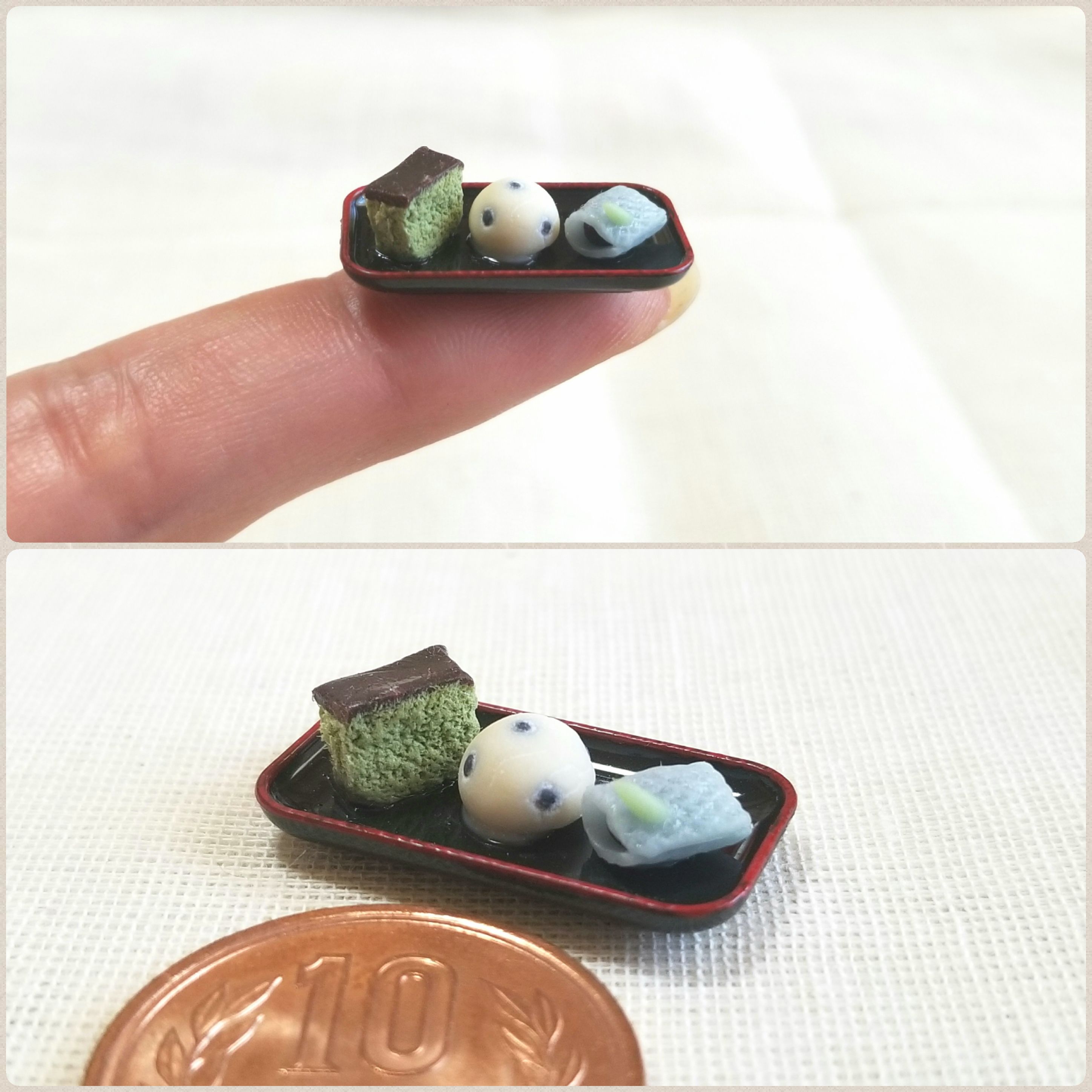抹茶カステラ,豆大福,ミニチュアフード,和菓子,粘土,ミンネで販売中