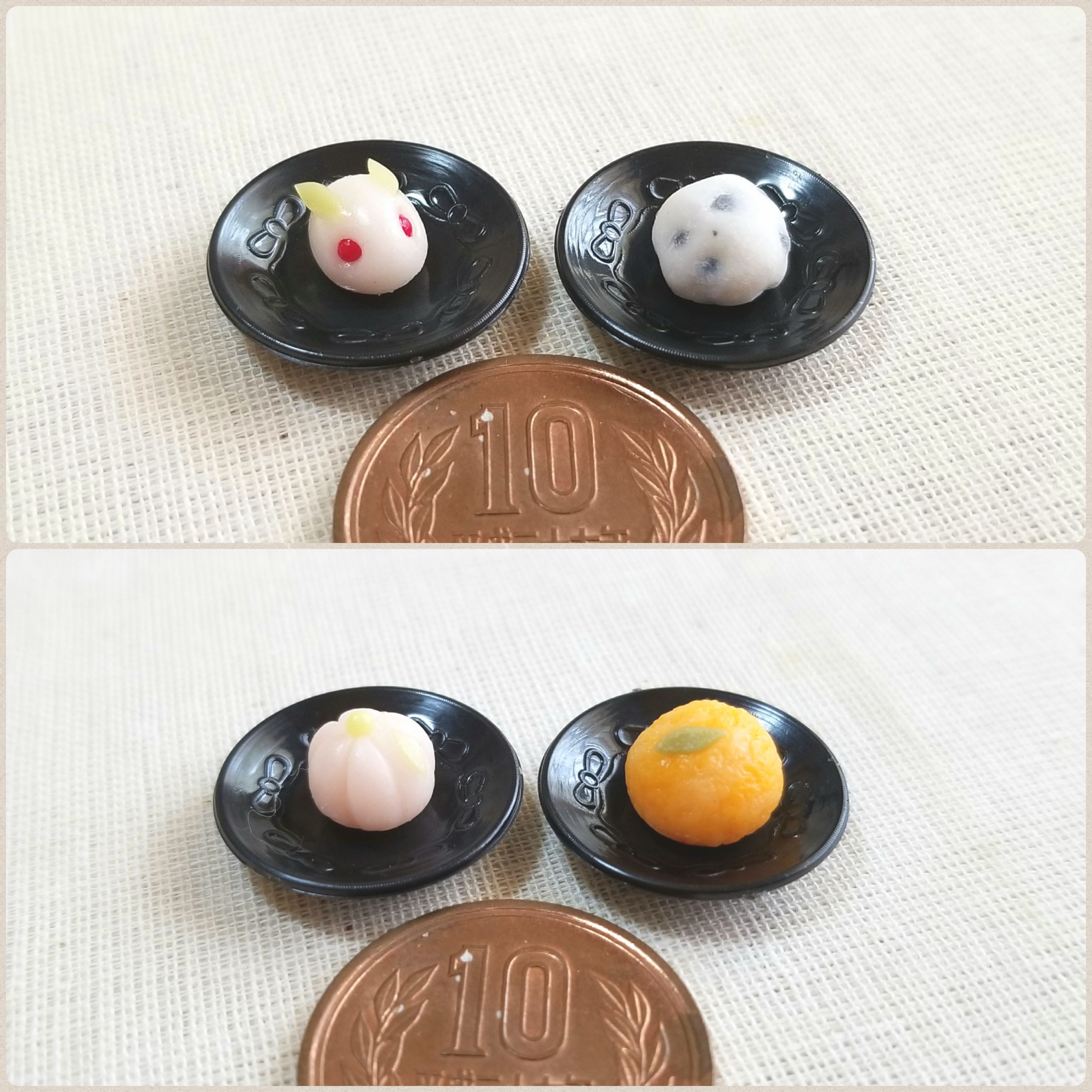 うさぎ饅頭,豆大福,桃,文旦みかん,ミニチュアフード,和菓子,樹脂粘土