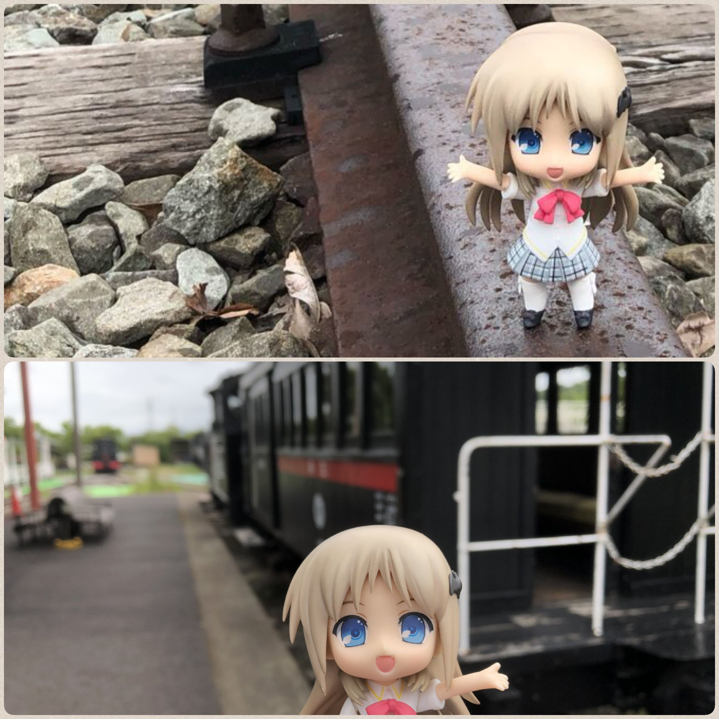 ドール撮影,ドールと汽車,列車,機関車,駅で待つ,線路でたわむれる