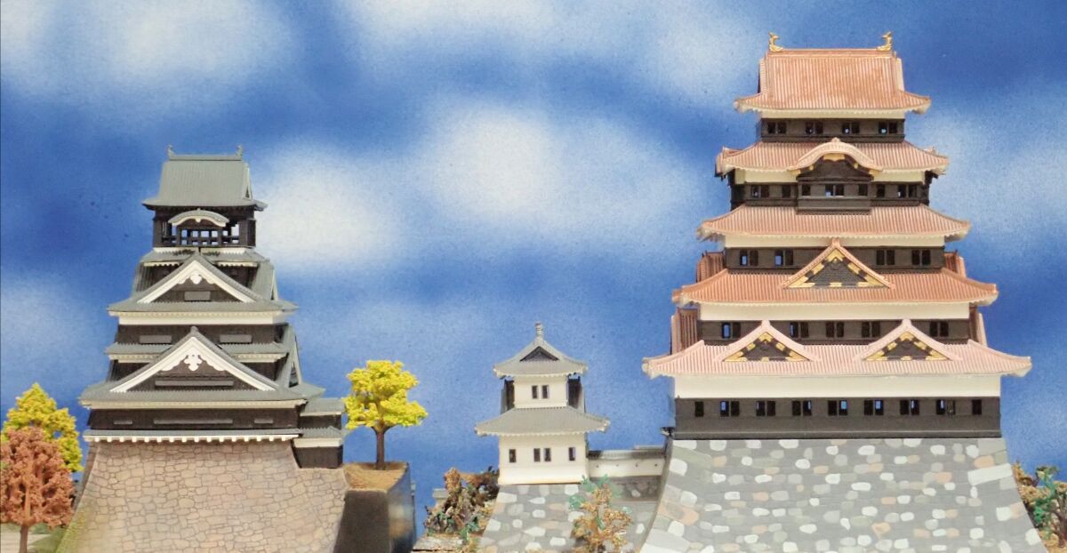 1/350でお城天守の大きさ比べ 熊本城、大阪城、岐阜城、広島城、松本城