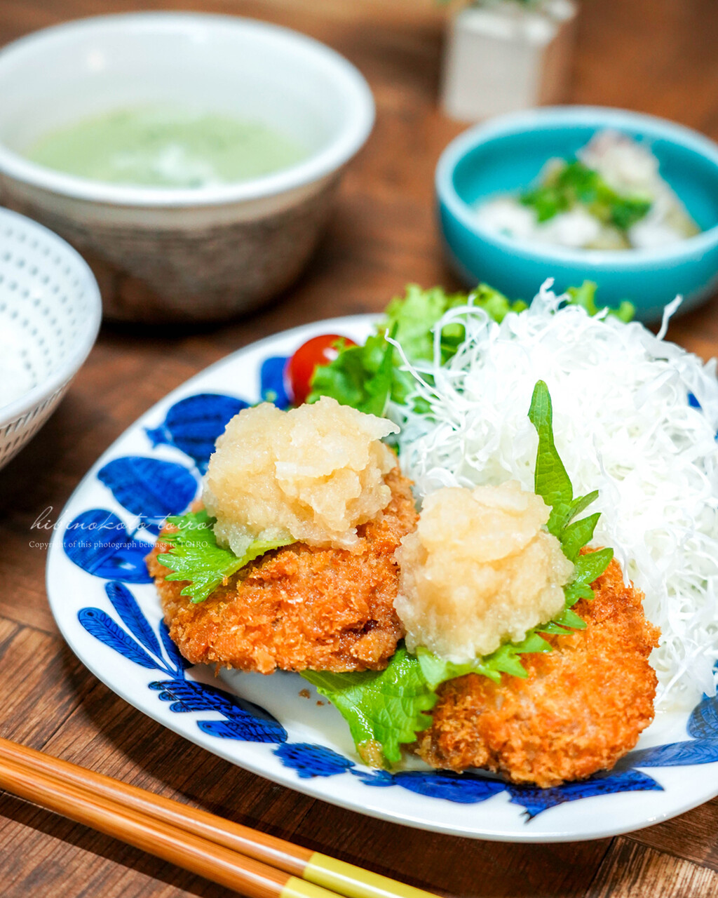 今夜は、日向夏ポン酢で おろしカツ定食。と、今日のおべんとう