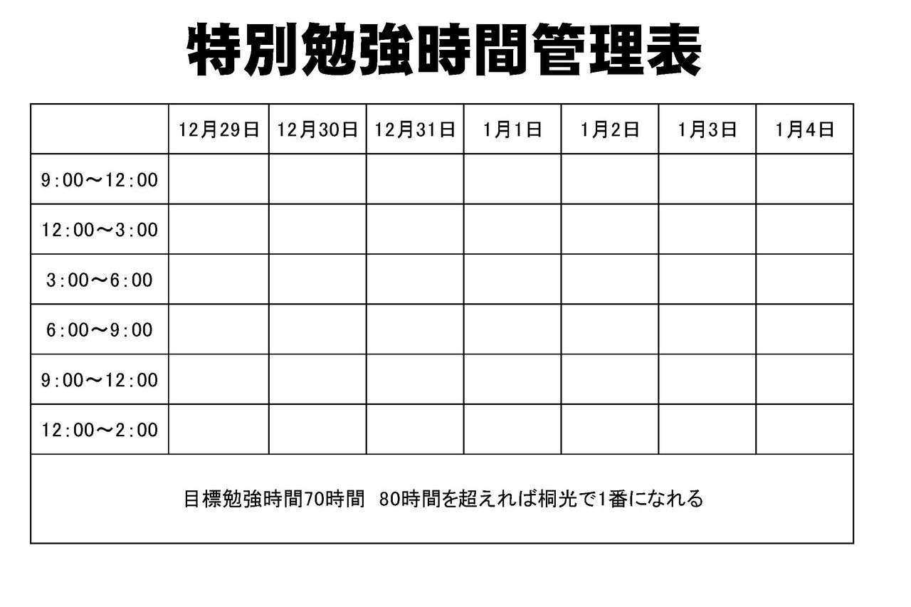 13名に渡した特別勉強時間管理表 桐光学院 福田校 13名に渡した特別勉強時間管理表 桐光学院 福田校