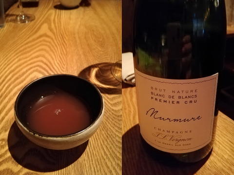 ②冷製スープとシャンパン