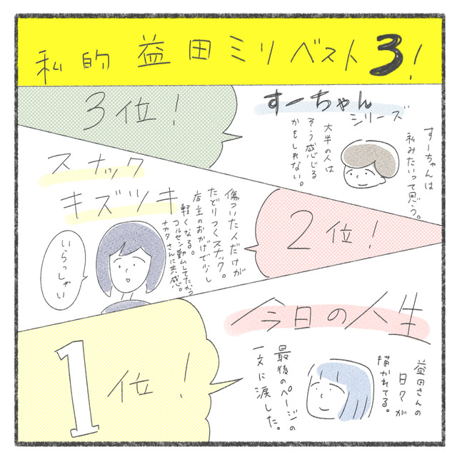 私的益田ミリさんベスト３の画像。３位すーちゃん、２位スナックキズツキ、１位今日の人生