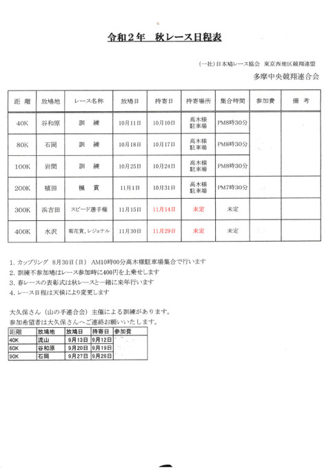 20年秋レース日程