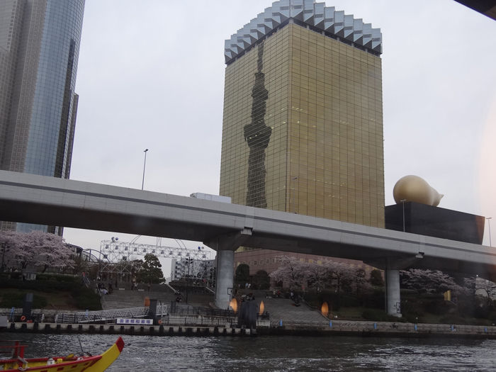 0アサヒビール建物に移ったスカイツリーの影