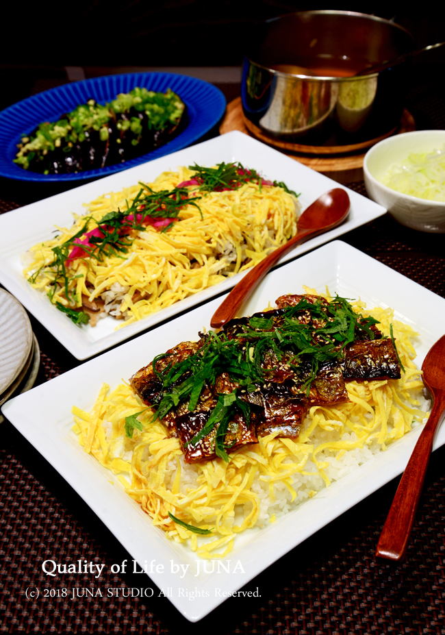 作りおきからさんまのひつまぶし風＆ちらし寿司ダブルの食卓　／　今日のおべんと