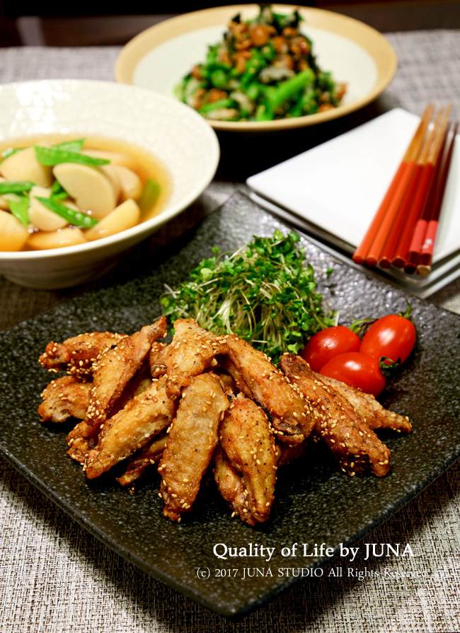 手羽中のカリカリ揚げ、菜の花のおろしあえなど